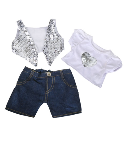 16" Silver Sequined Vest & Shirt w/Denim Pants